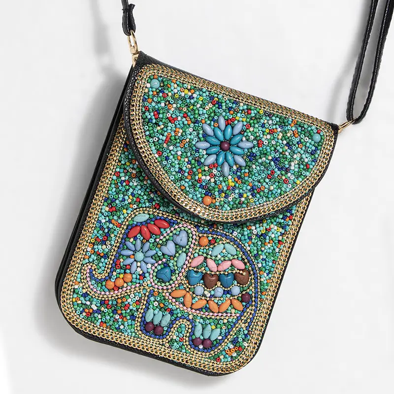 New Heavy Industry Bohemian Style Rice Beads Shell Flowers Exquisite PU Travel Shoulder Crossbody Magnetic Buckle Women's Bag