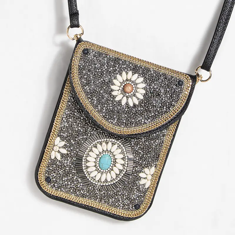 New Heavy Industry Bohemian Style Rice Beads Shell Flowers Exquisite PU Travel Shoulder Crossbody Magnetic Buckle Women's Bag