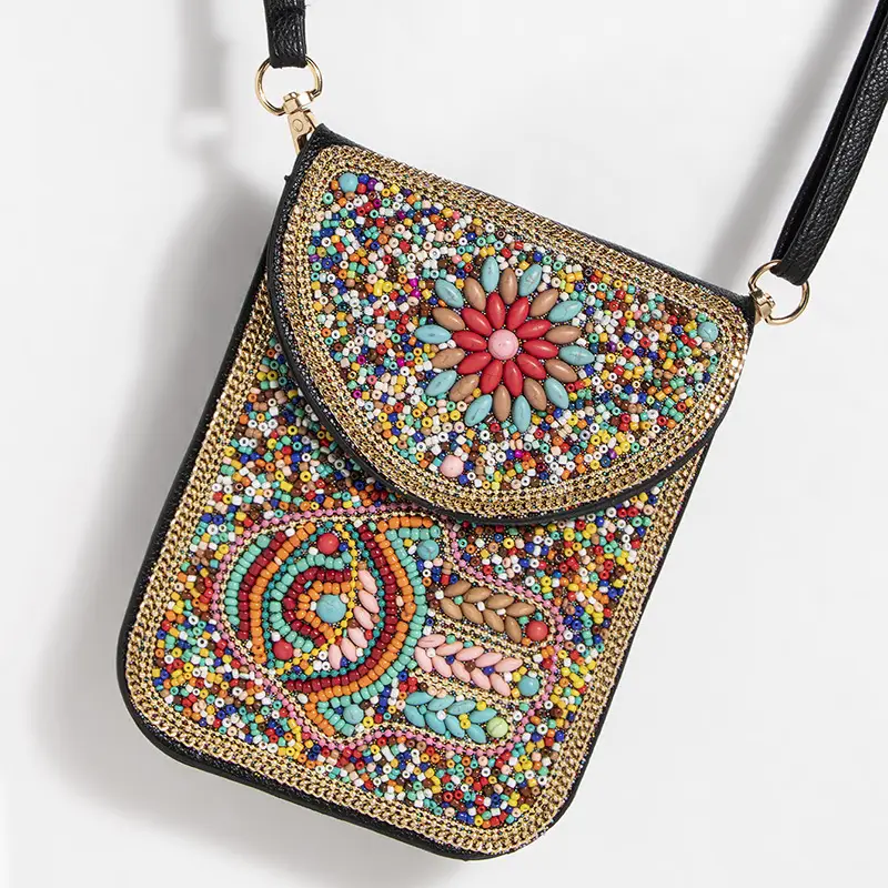 New Heavy Industry Bohemian Style Rice Beads Shell Flowers Exquisite PU Travel Shoulder Crossbody Magnetic Buckle Women's Bag
