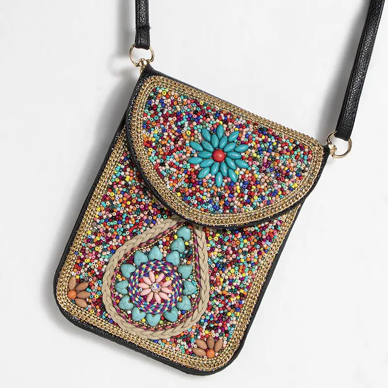 New Heavy Industry Bohemian Style Rice Beads Shell Flowers Exquisite PU Travel Shoulder Crossbody Magnetic Buckle Women's Bag
