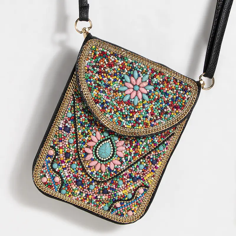 New Heavy Industry Bohemian Style Rice Beads Shell Flowers Exquisite PU Travel Shoulder Crossbody Magnetic Buckle Women's Bag