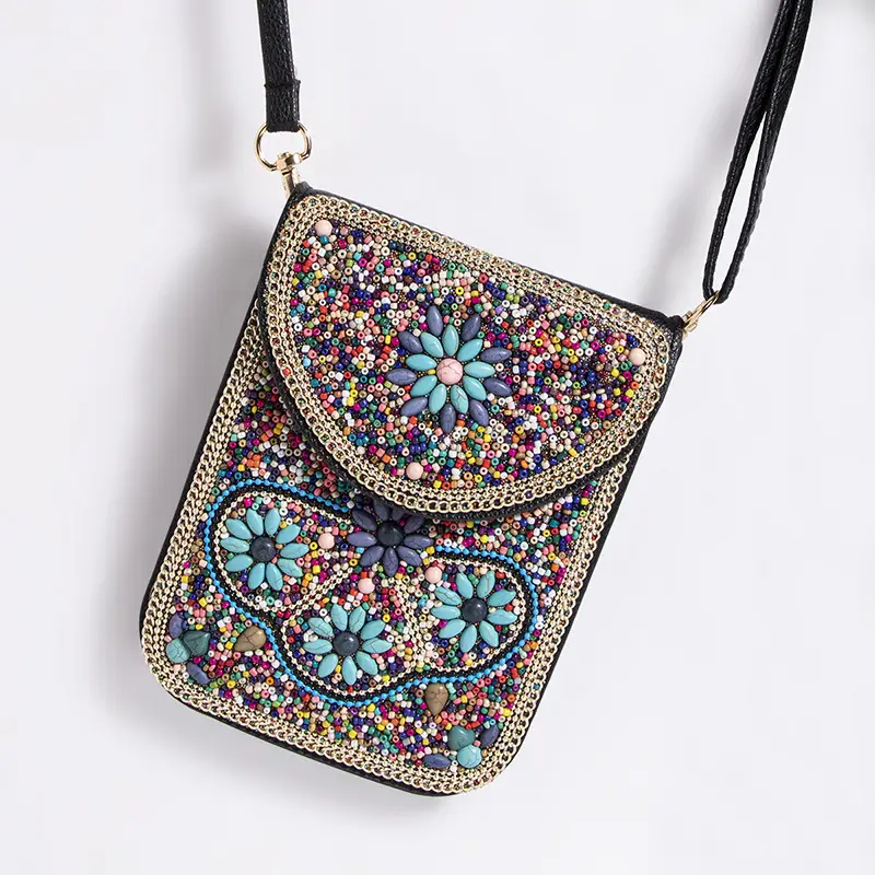 New Heavy Industry Bohemian Style Rice Beads Shell Flowers Exquisite PU Travel Shoulder Crossbody Magnetic Buckle Women's Bag