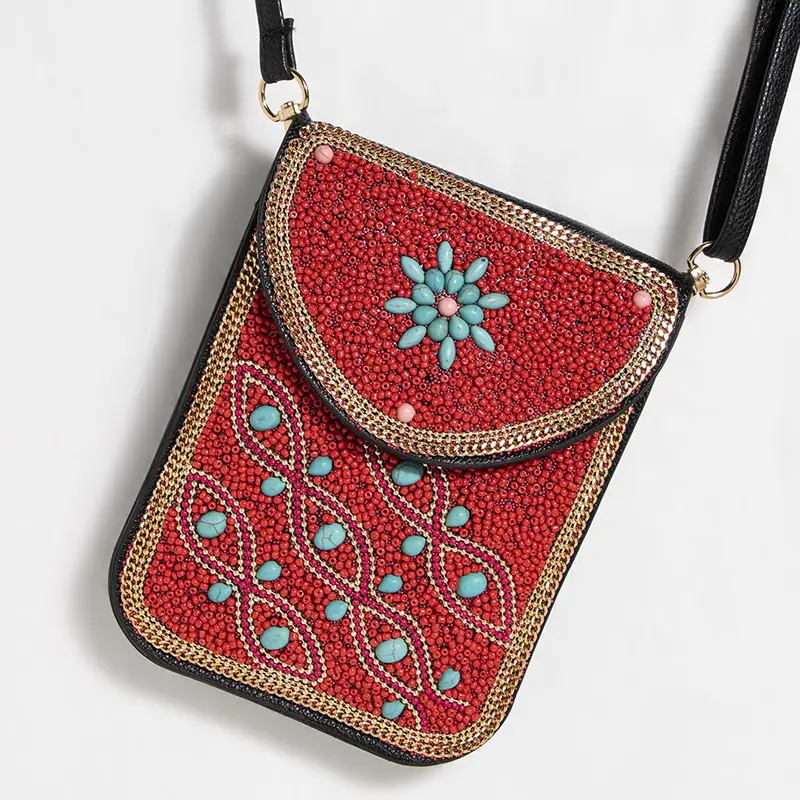 New Heavy Industry Bohemian Style Rice Beads Shell Flowers Exquisite PU Travel Shoulder Crossbody Magnetic Buckle Women's Bag
