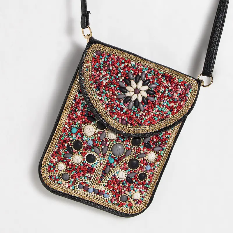 New Heavy Industry Bohemian Style Rice Beads Shell Flowers Exquisite PU Travel Shoulder Crossbody Magnetic Buckle Women's Bag