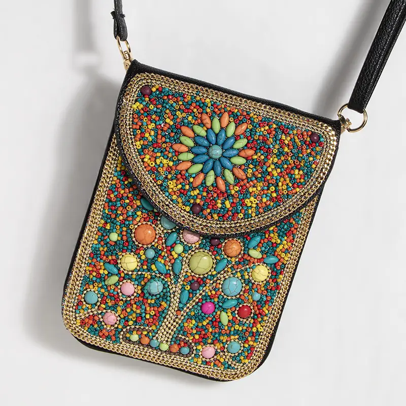 New Heavy Industry Bohemian Style Rice Beads Shell Flowers Exquisite PU Travel Shoulder Crossbody Magnetic Buckle Women's Bag