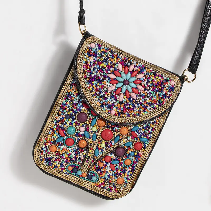 New Heavy Industry Bohemian Style Rice Beads Shell Flowers Exquisite PU Travel Shoulder Crossbody Magnetic Buckle Women's Bag
