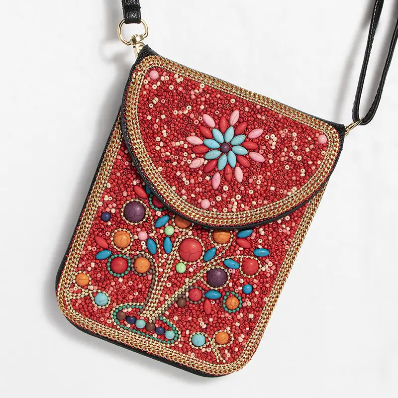 New Heavy Industry Bohemian Style Rice Beads Shell Flowers Exquisite PU Travel Shoulder Crossbody Magnetic Buckle Women's Bag