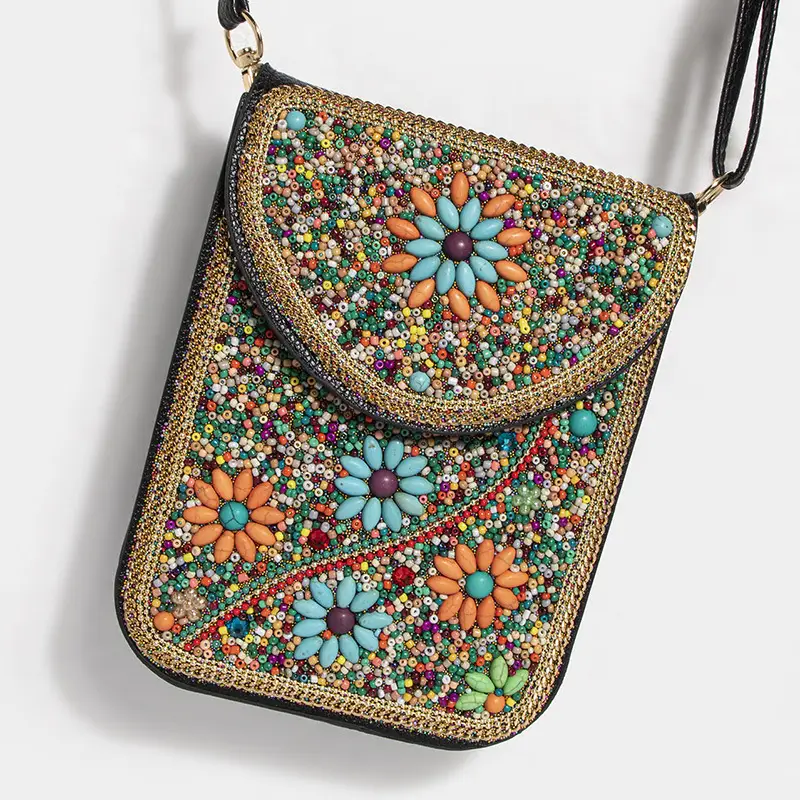 New Heavy Industry Bohemian Style Rice Beads Shell Flowers Exquisite PU Travel Shoulder Crossbody Magnetic Buckle Women's Bag