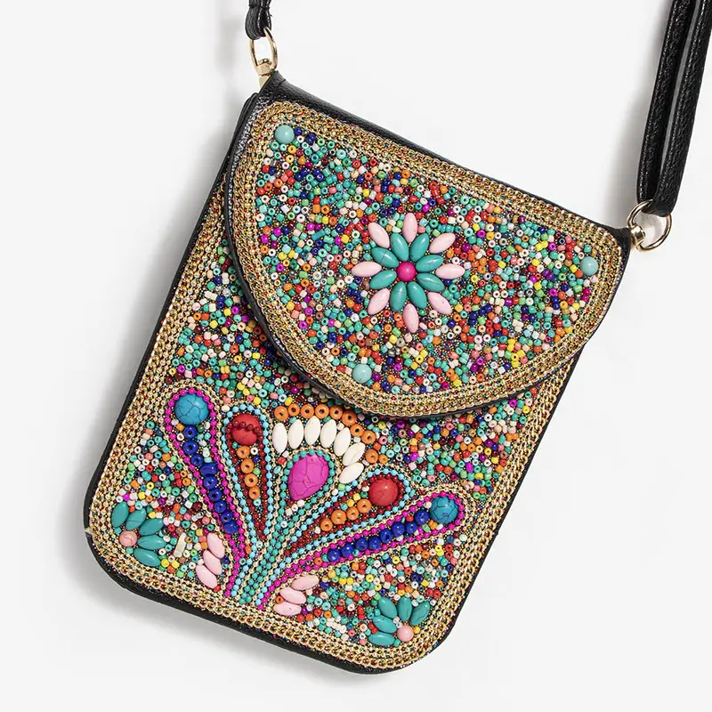 New Heavy Industry Bohemian Style Rice Beads Shell Flowers Exquisite PU Travel Shoulder Crossbody Magnetic Buckle Women's Bag