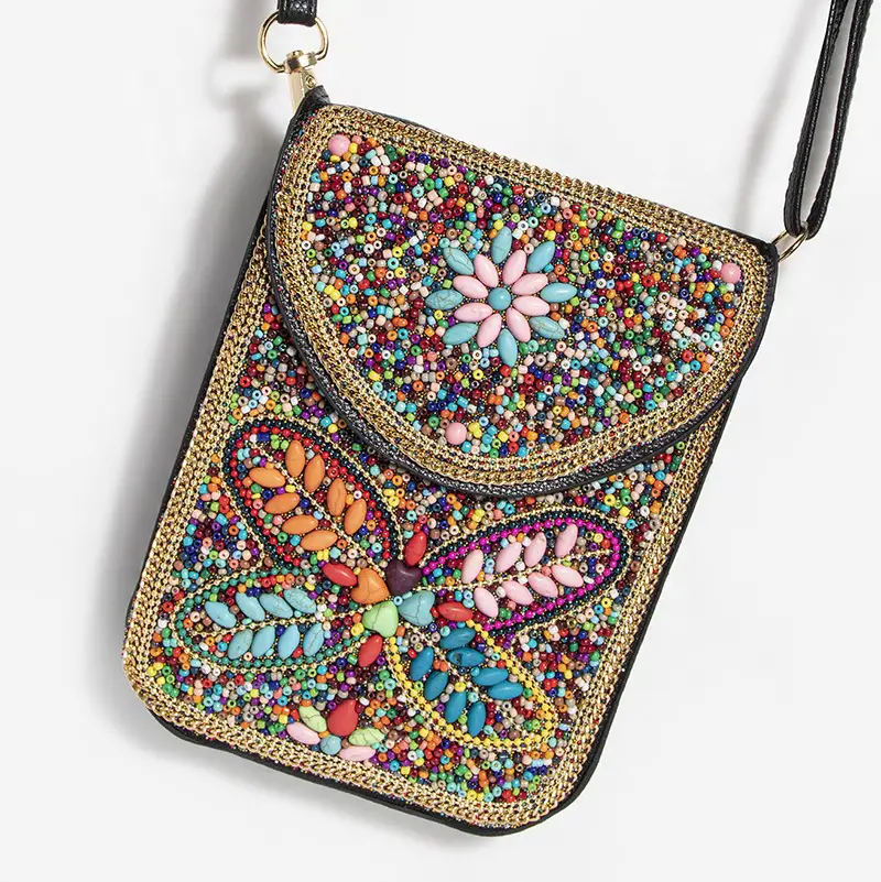 New Heavy Industry Bohemian Style Rice Beads Shell Flowers Exquisite PU Travel Shoulder Crossbody Magnetic Buckle Women's Bag