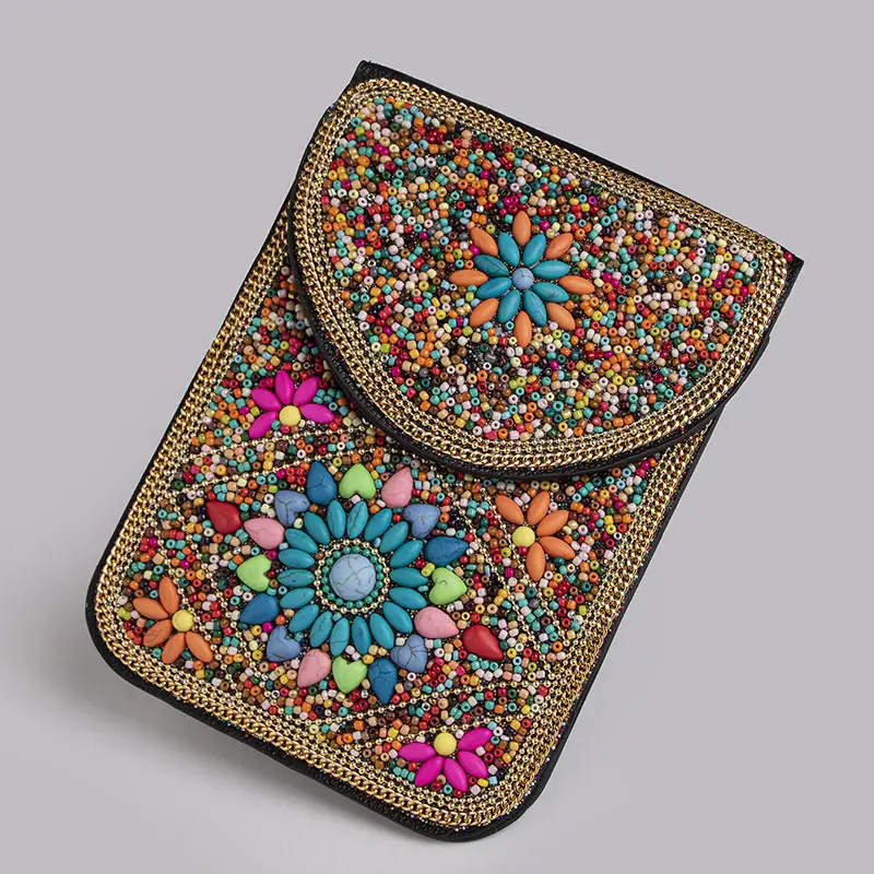 New Heavy Industry Bohemian Style Rice Beads Shell Flowers Exquisite PU Travel Shoulder Crossbody Magnetic Buckle Women's Bag