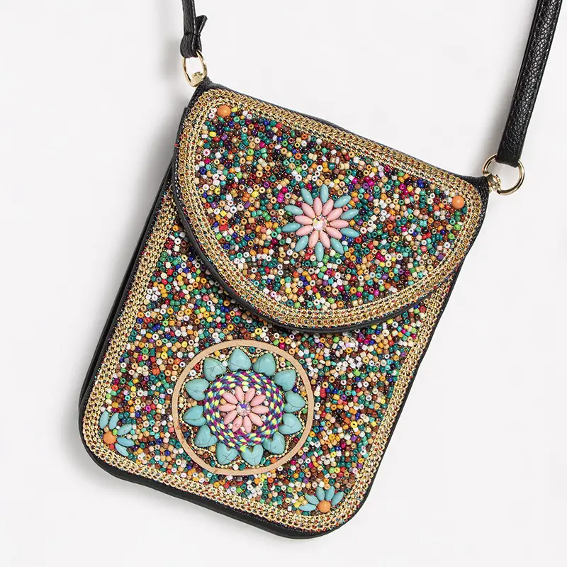 New Heavy Industry Bohemian Style Rice Beads Shell Flowers Exquisite PU Travel Shoulder Crossbody Magnetic Buckle Women's Bag