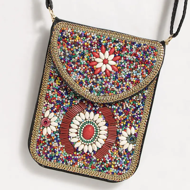 New Heavy Industry Bohemian Style Rice Beads Shell Flowers Exquisite PU Travel Shoulder Crossbody Magnetic Buckle Women's Bag