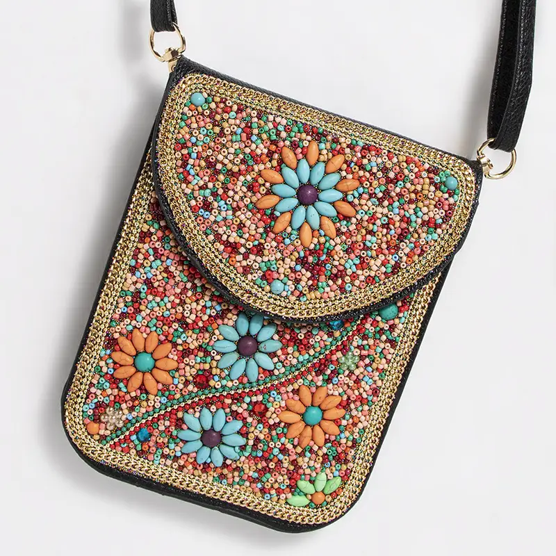 New Heavy Industry Bohemian Style Rice Beads Shell Flowers Exquisite PU Travel Shoulder Crossbody Magnetic Buckle Women's Bag