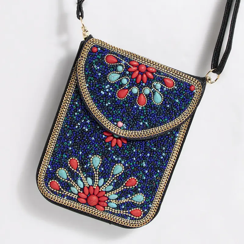 New Heavy Industry Bohemian Style Rice Beads Shell Flowers Exquisite PU Travel Shoulder Crossbody Magnetic Buckle Women's Bag