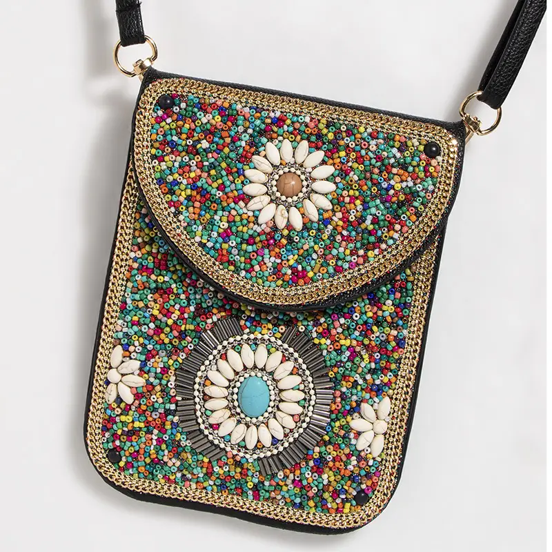 New Heavy Industry Bohemian Style Rice Beads Shell Flowers Exquisite PU Travel Shoulder Crossbody Magnetic Buckle Women's Bag