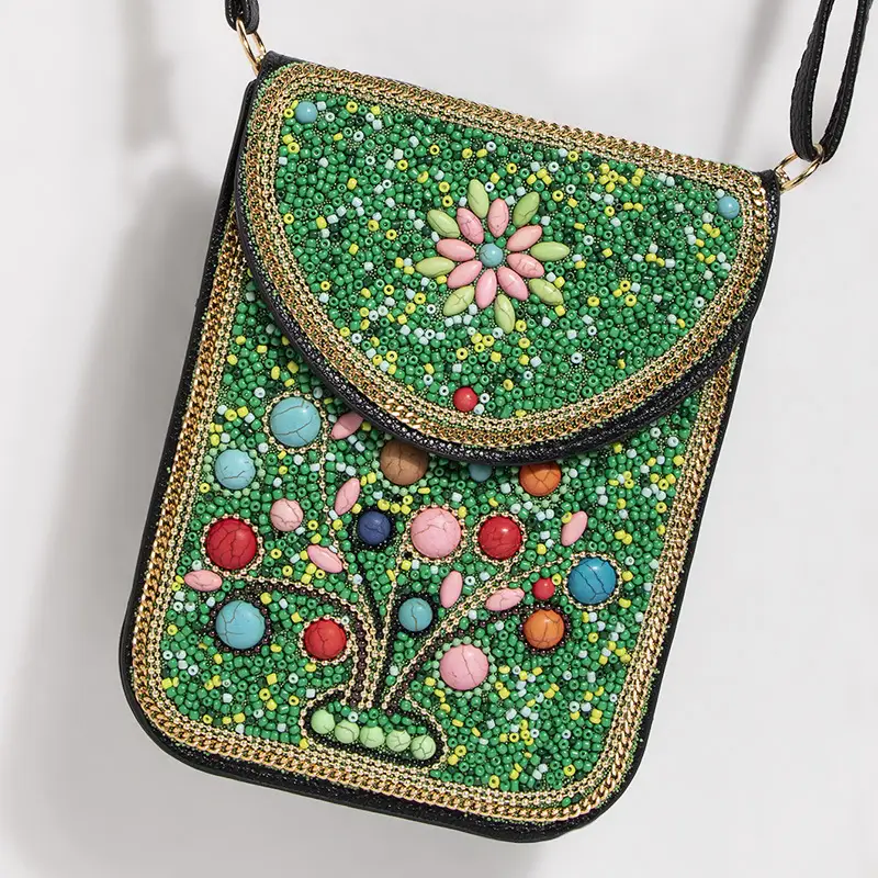 New Heavy Industry Bohemian Style Rice Beads Shell Flowers Exquisite PU Travel Shoulder Crossbody Magnetic Buckle Women's Bag
