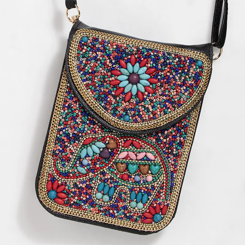 New Heavy Industry Bohemian Style Rice Beads Shell Flowers Exquisite PU Travel Shoulder Crossbody Magnetic Buckle Women's Bag