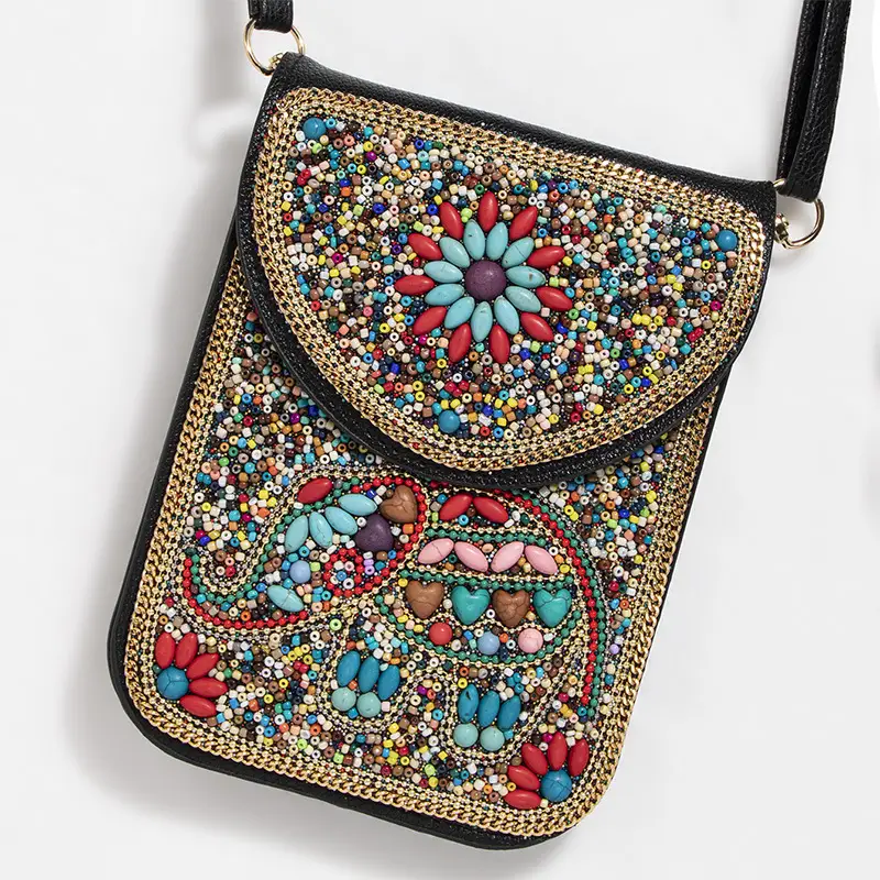 New Heavy Industry Bohemian Style Rice Beads Shell Flowers Exquisite PU Travel Shoulder Crossbody Magnetic Buckle Women's Bag