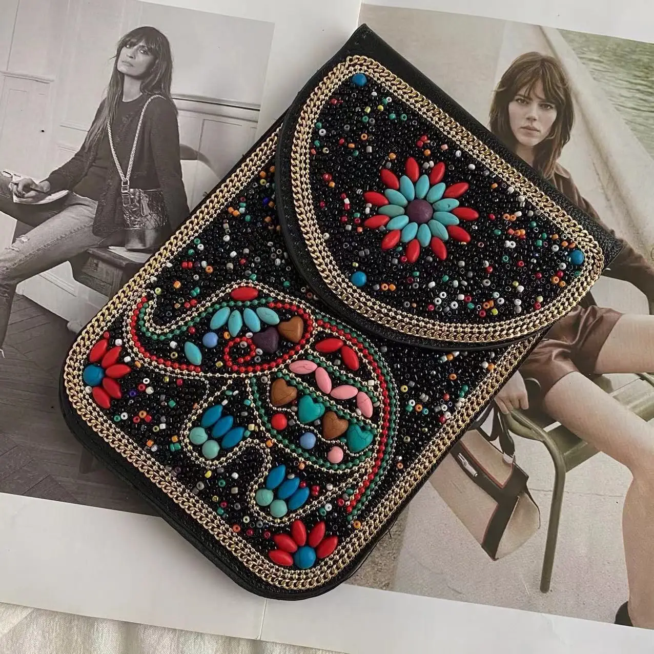 New Heavy Industry Bohemian Style Rice Beads Shell Flowers Exquisite PU Travel Shoulder Crossbody Magnetic Buckle Women's Bag