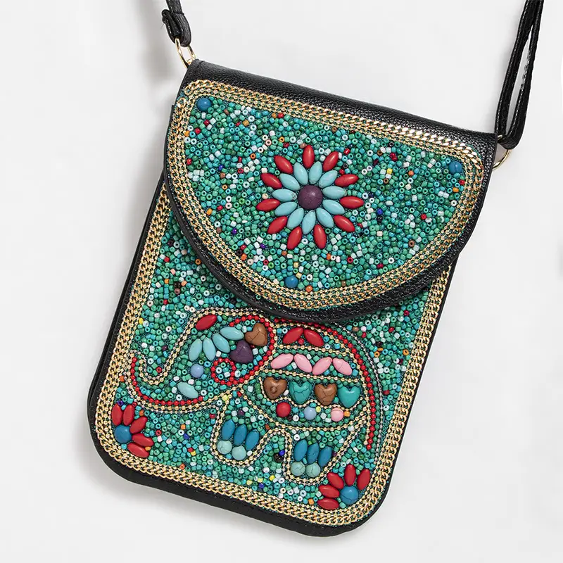 New Heavy Industry Bohemian Style Rice Beads Shell Flowers Exquisite PU Travel Shoulder Crossbody Magnetic Buckle Women's Bag