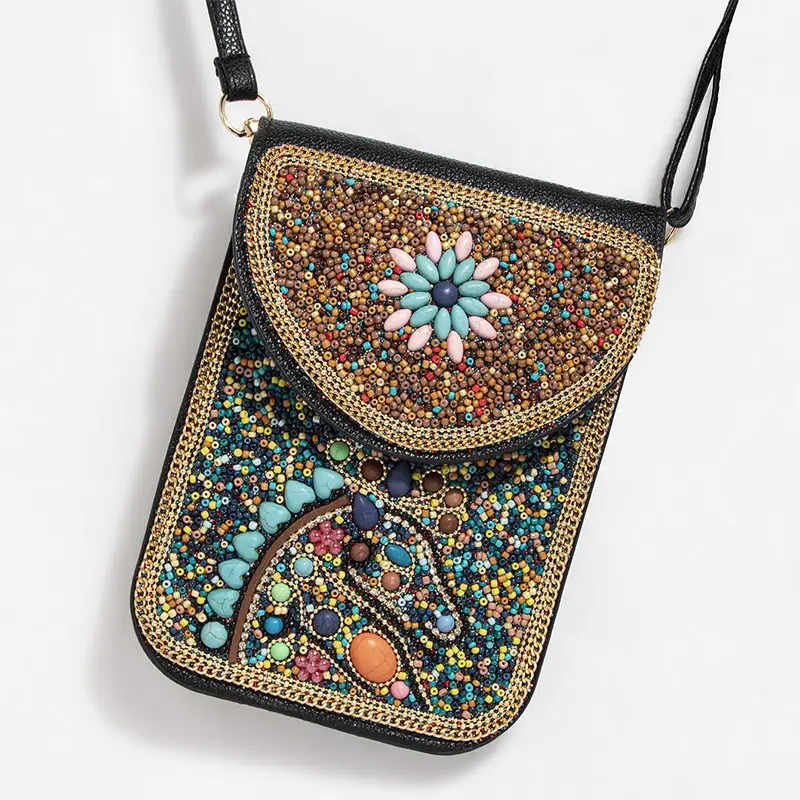 New Heavy Industry Bohemian Style Rice Beads Shell Flowers Exquisite PU Travel Shoulder Crossbody Magnetic Buckle Women's Bag
