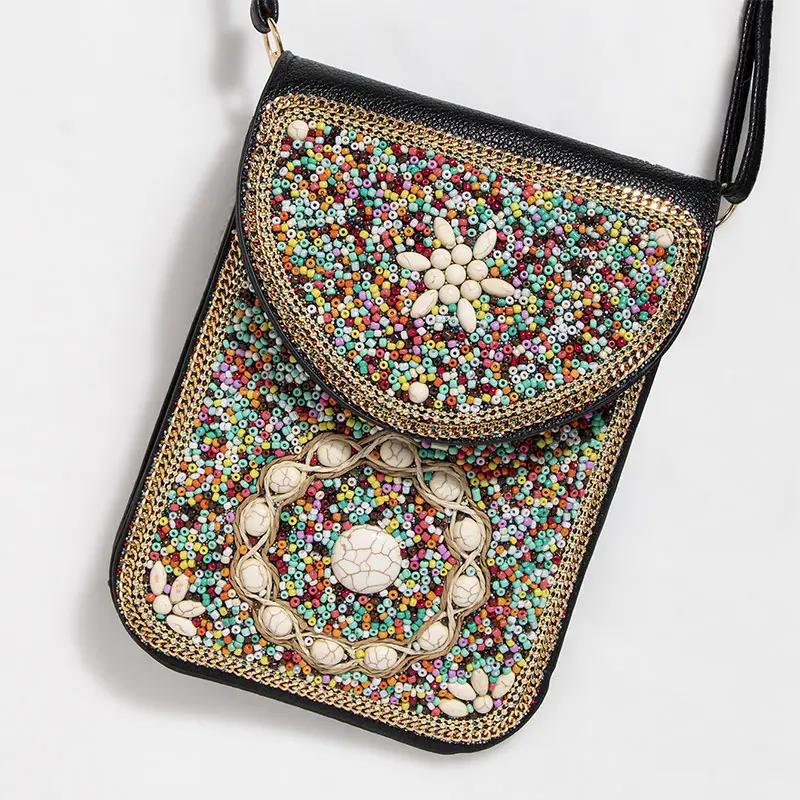 New Heavy Industry Bohemian Style Rice Beads Shell Flowers Exquisite PU Travel Shoulder Crossbody Magnetic Buckle Women's Bag
