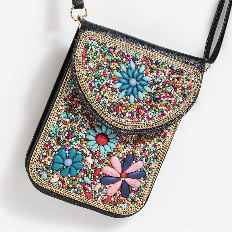New Heavy Industry Bohemian Style Rice Beads Shell Flowers Exquisite PU Travel Shoulder Crossbody Magnetic Buckle Women's Bag