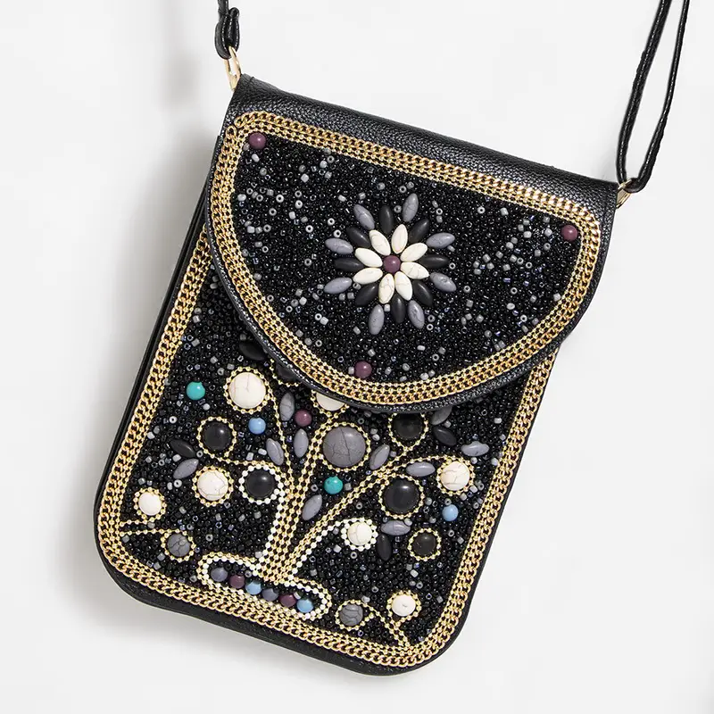 New Heavy Industry Bohemian Style Rice Beads Shell Flowers Exquisite PU Travel Shoulder Crossbody Magnetic Buckle Women's Bag