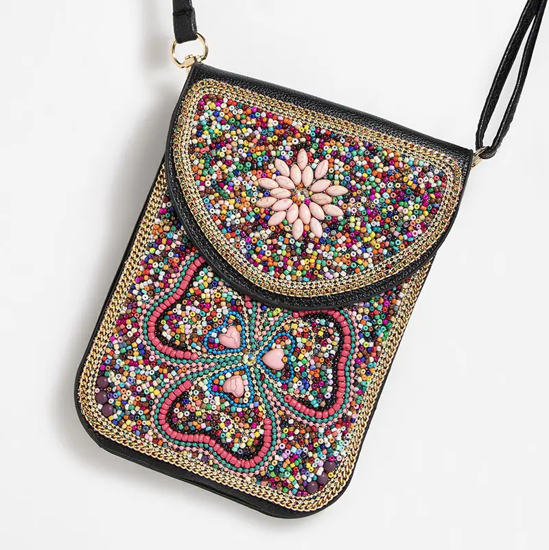 New Heavy Industry Bohemian Style Rice Beads Shell Flowers Exquisite PU Travel Shoulder Crossbody Magnetic Buckle Women's Bag