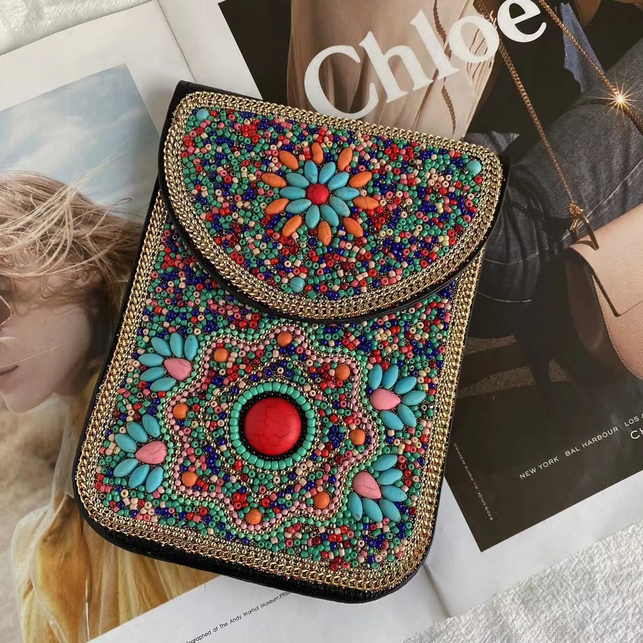 New Heavy Industry Bohemian Style Rice Beads Shell Flowers Exquisite PU Travel Shoulder Crossbody Magnetic Buckle Women's Bag