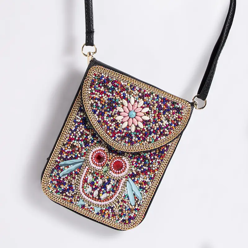 New Heavy Industry Bohemian Style Rice Beads Shell Flowers Exquisite PU Travel Shoulder Crossbody Magnetic Buckle Women's Bag