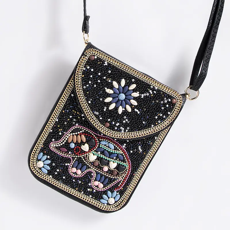 New Heavy Industry Bohemian Style Rice Beads Shell Flowers Exquisite PU Travel Shoulder Crossbody Magnetic Buckle Women's Bag