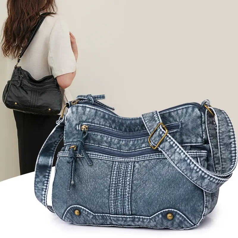 Women's Denim Crossbody Bag Large Capacity Washable Leather - Image 6