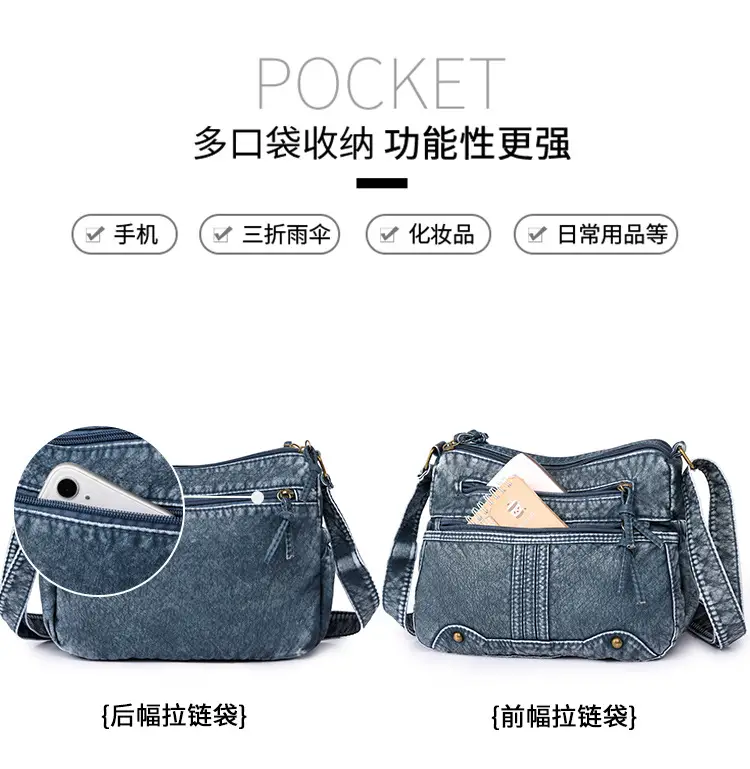 Women's Denim Crossbody Bag Large Capacity Washable Leather — feature 13