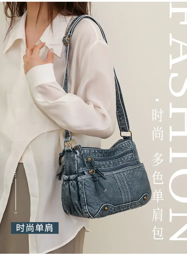 Women's Denim Crossbody Bag Large Capacity Washable Leather — feature 4