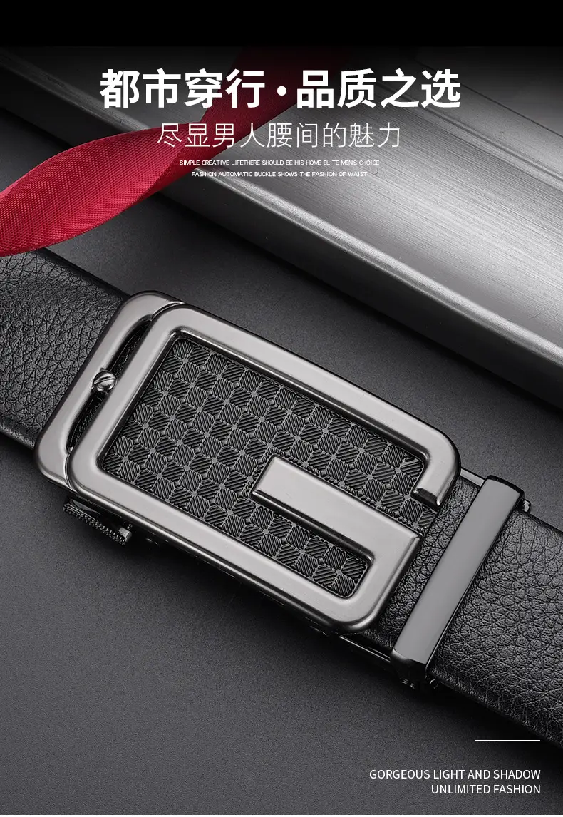 Men Black Leather Belt with G Buckle — feature 13