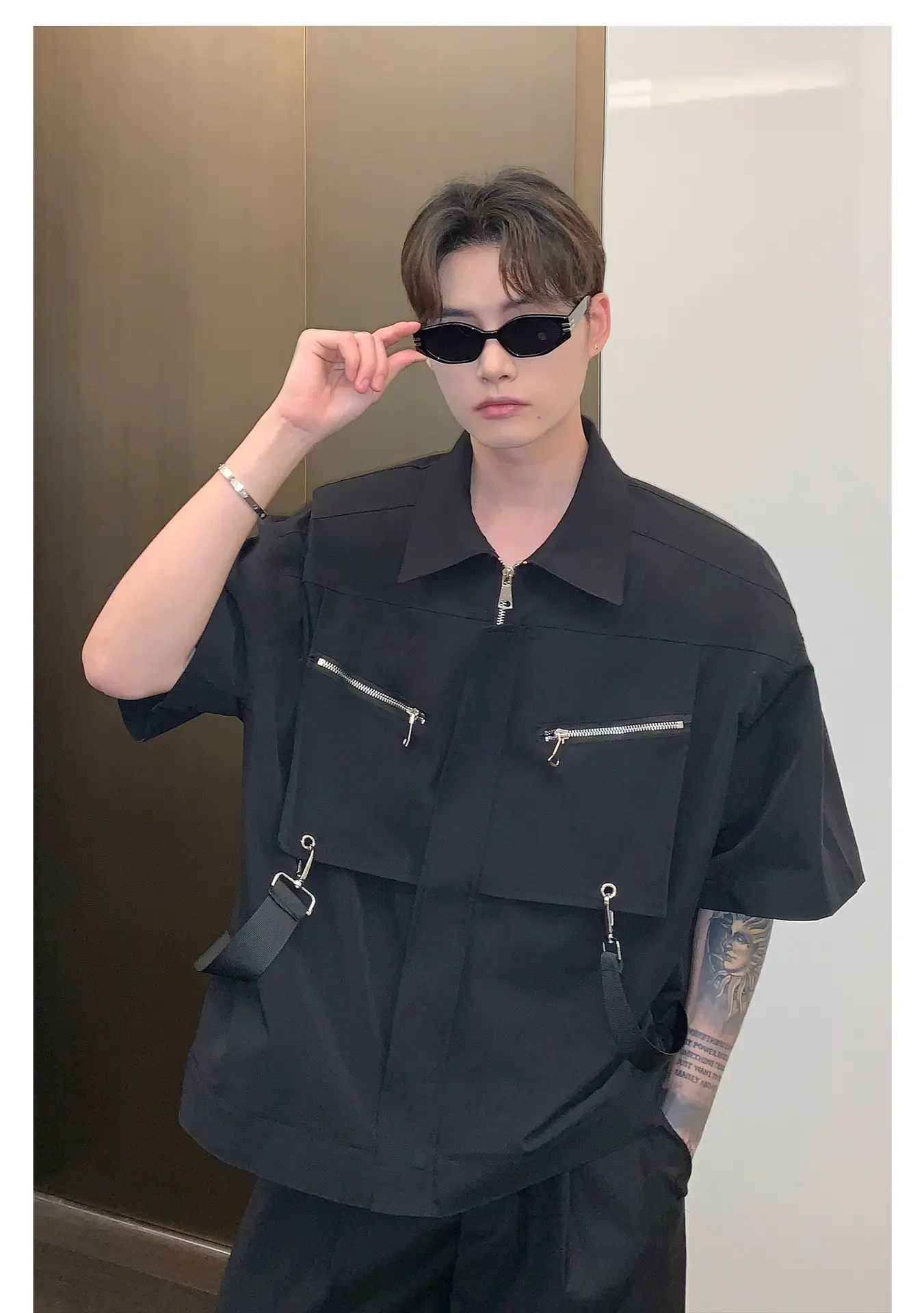 Men's Black Metal Zipper Short Sleeve Shirt — feature 15