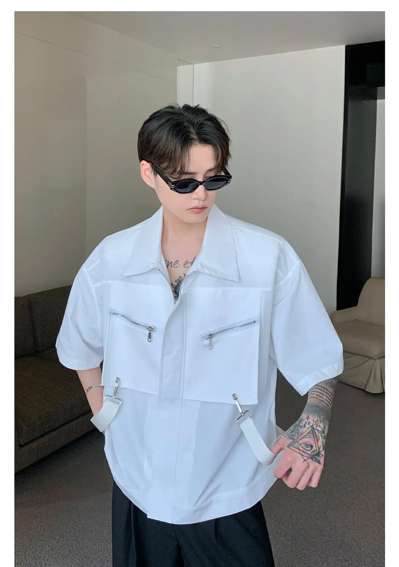 Men's Black Metal Zipper Short Sleeve Shirt — feature 3