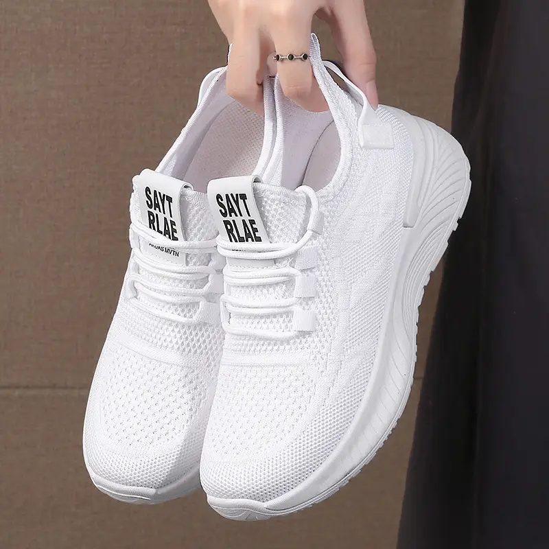 Women's Cream Flyknitted Sports Shoes Lightweight Mesh Non-Slip - Image 6