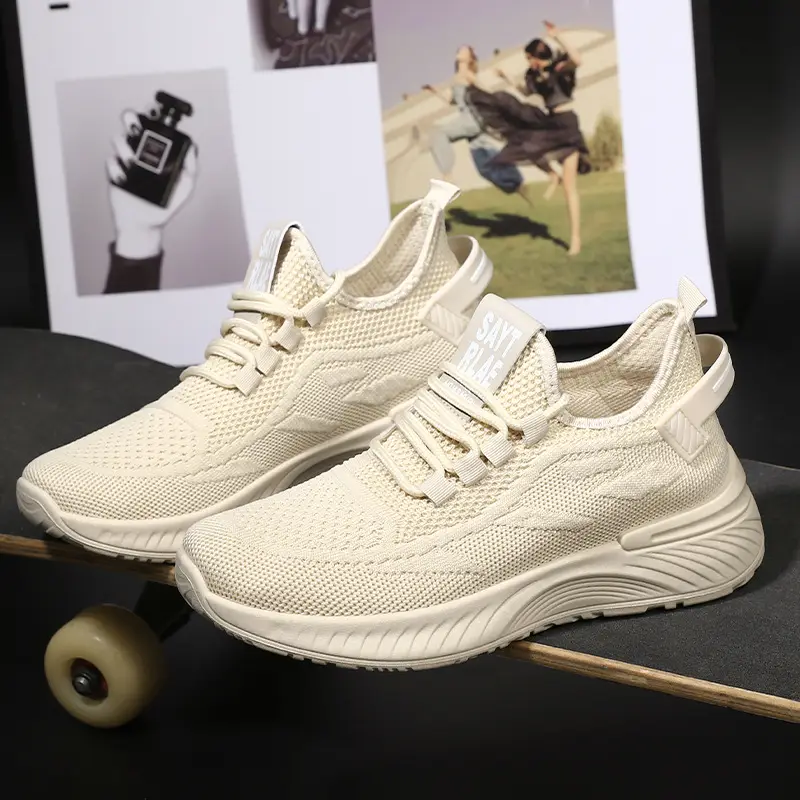 Women's Cream Flyknitted Sports Shoes Lightweight Mesh Non-Slip - Image 7