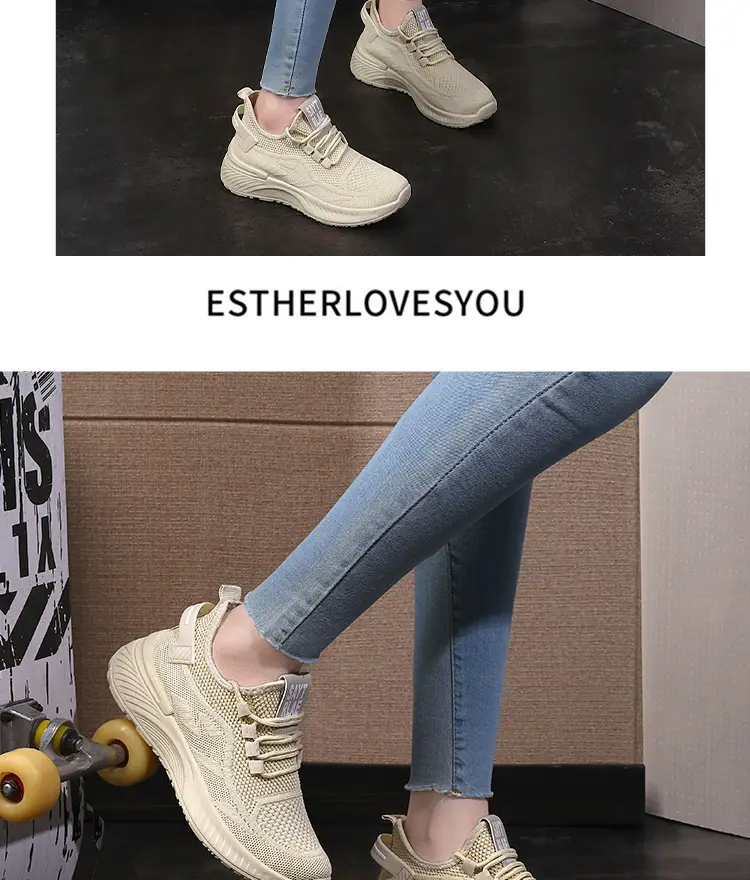 Women's Cream Flyknitted Sports Shoes Lightweight Mesh Non-Slip — feature 17