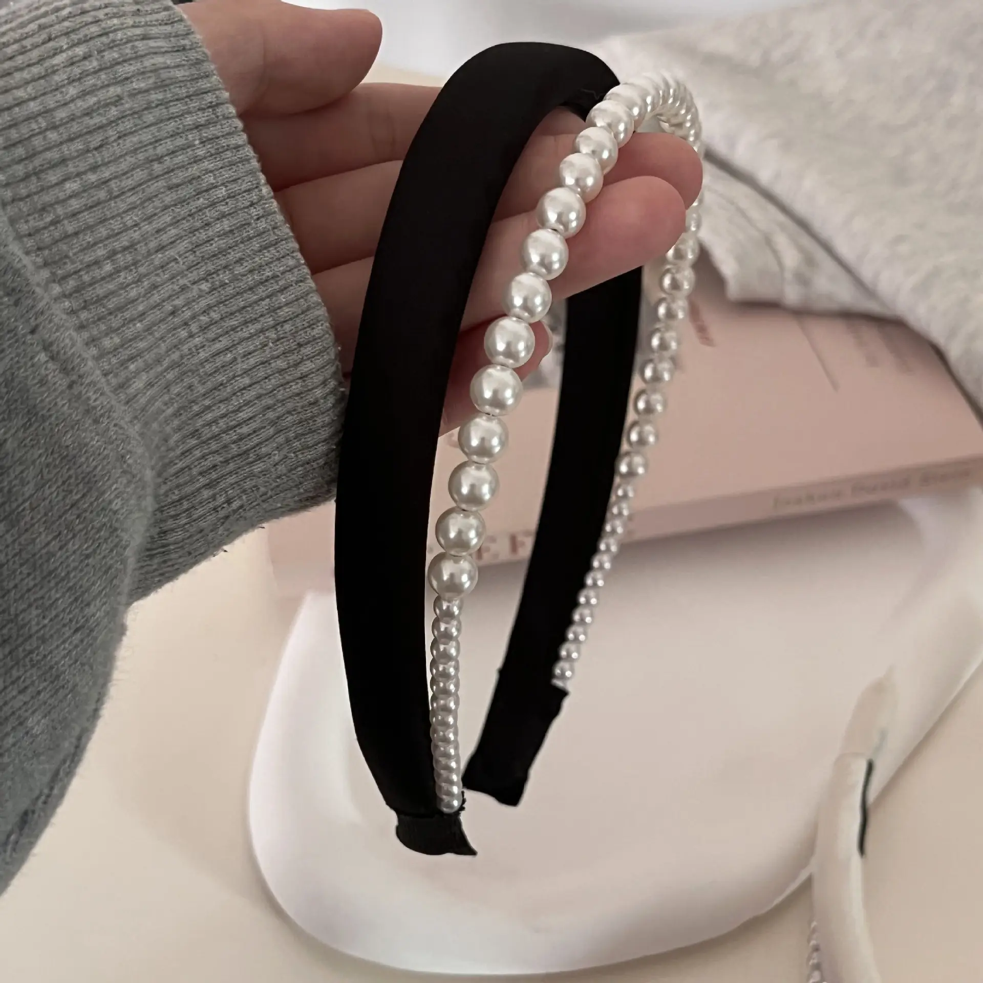 Narrow Pearl Hair Hoop Light Luxury Satin Elegant - Image 2