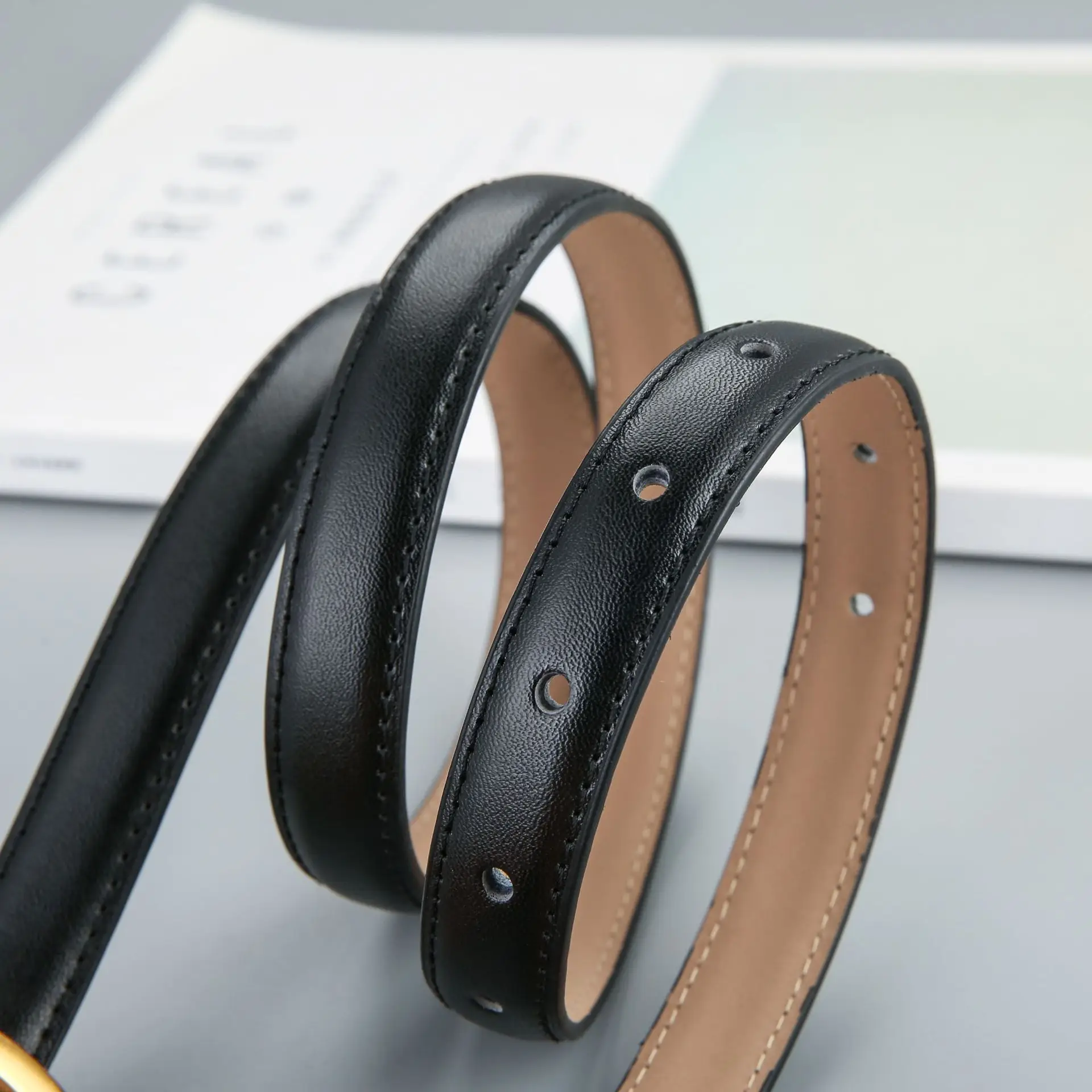 Women's Brown Genuine Leather Belt with Gold Buckle - Image 8