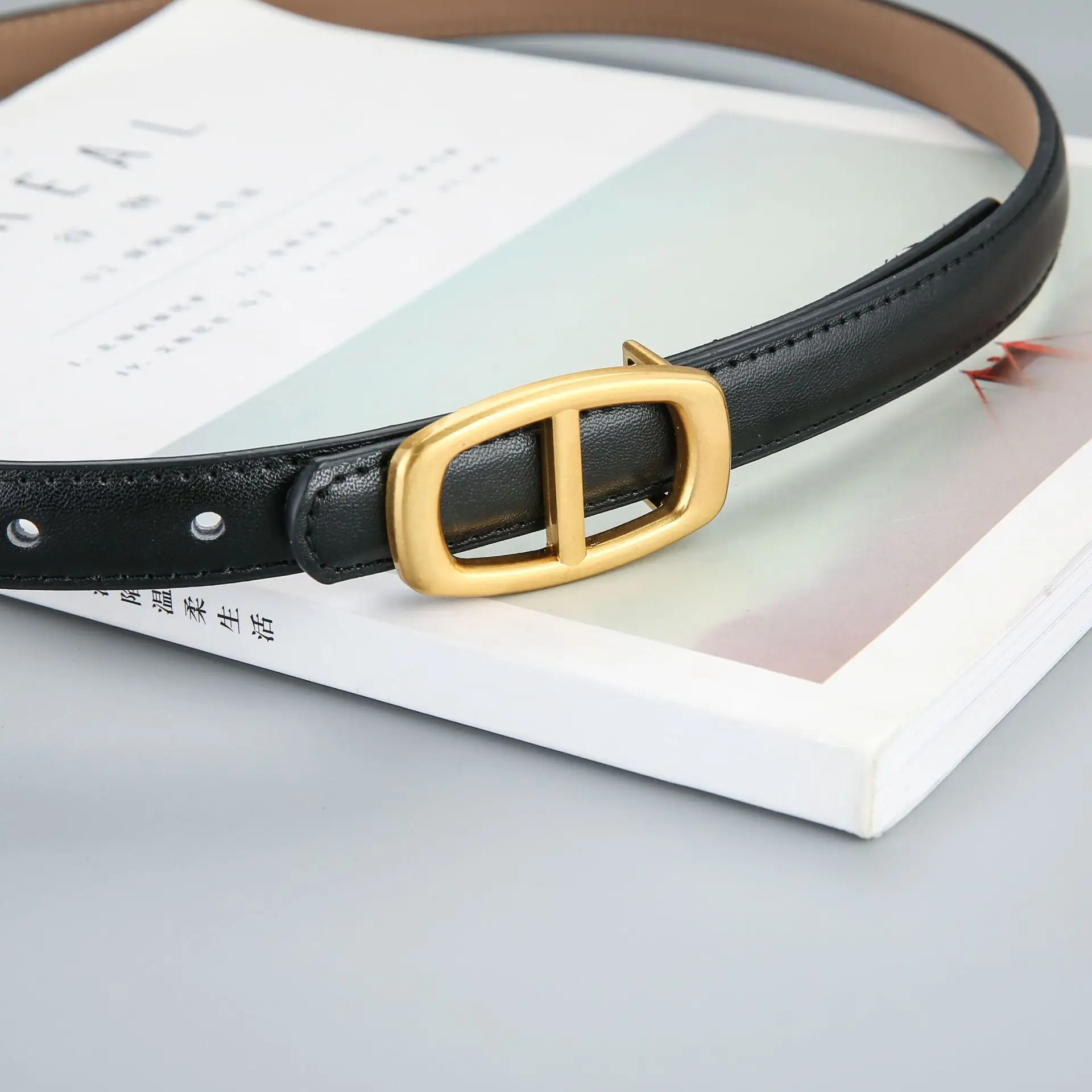 Women's Brown Genuine Leather Belt with Gold Buckle - Image 9