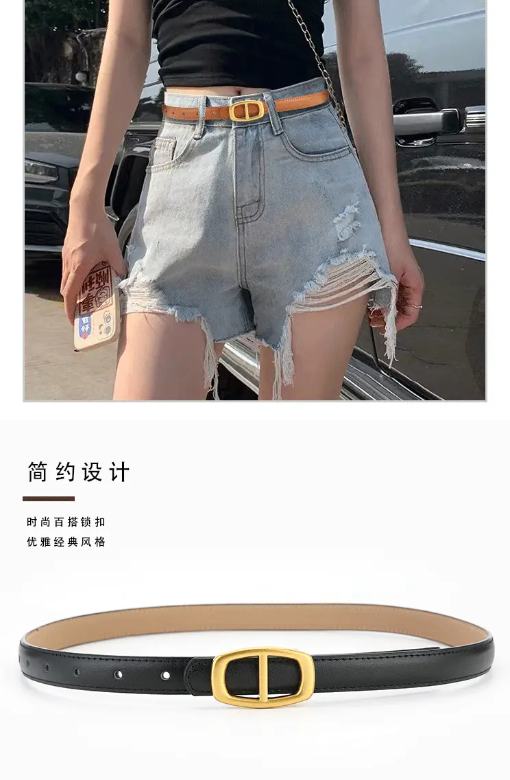 Women's Brown Genuine Leather Belt with Gold Buckle β feature 3