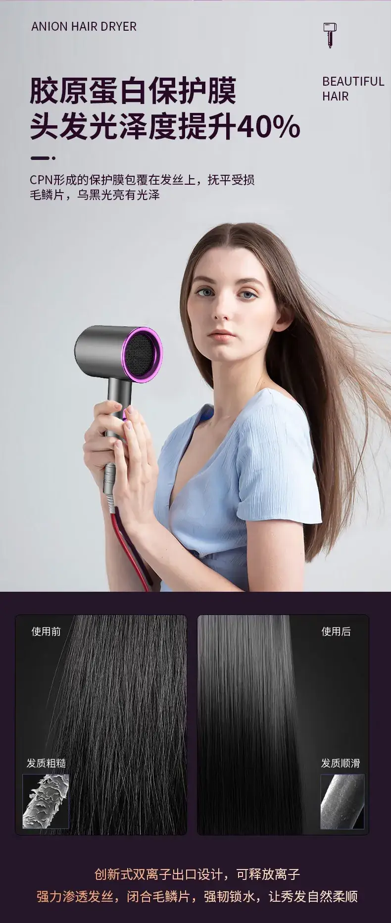 Black Hair Dryer with 800W Negative Ion Technology — feature 5