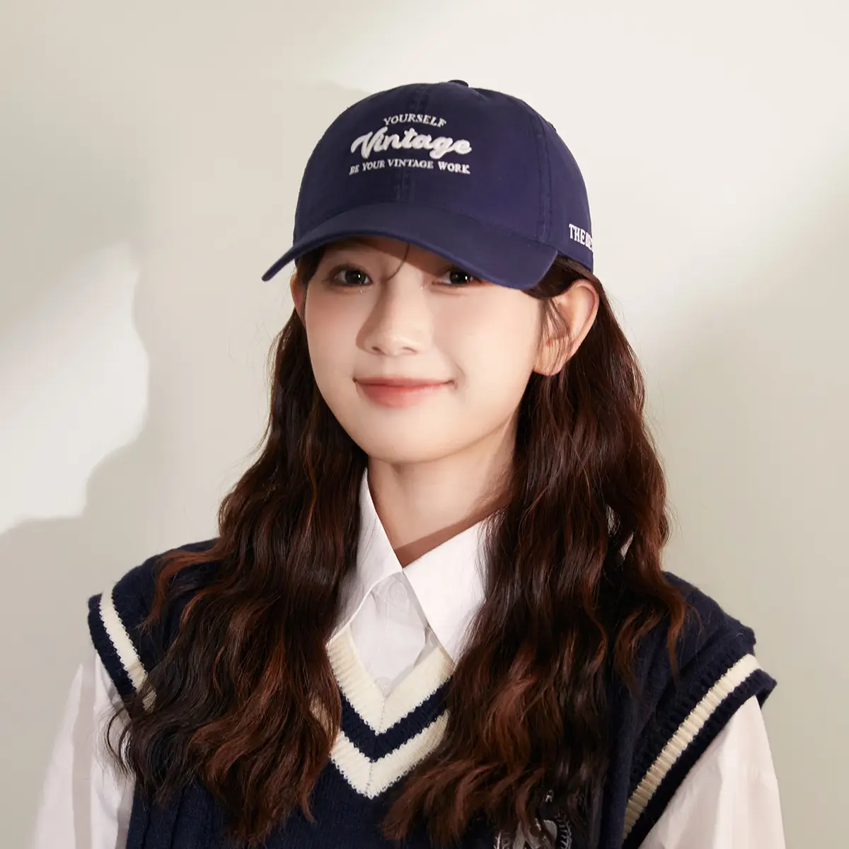 Navy Blue Korean Style Washed Cap for Girls - Image 3