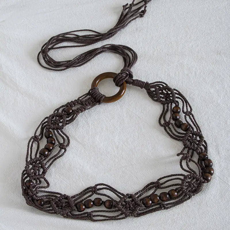 Bohemian Wood Knot Belt with Wax Rope & Wooden Beads