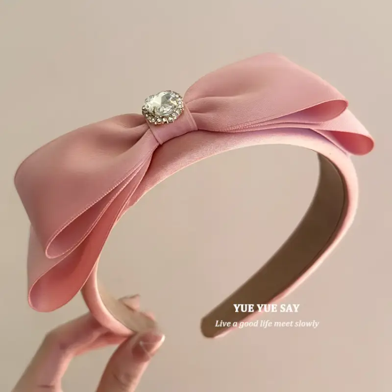 Black Satin Bow Headband with Zircon Heart Design - Image 2